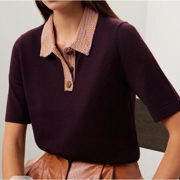 Tory Burch Crochet Knit Polo Merino Wool Wooden Button Top in Purple Size Large - Picture 1 of 11
